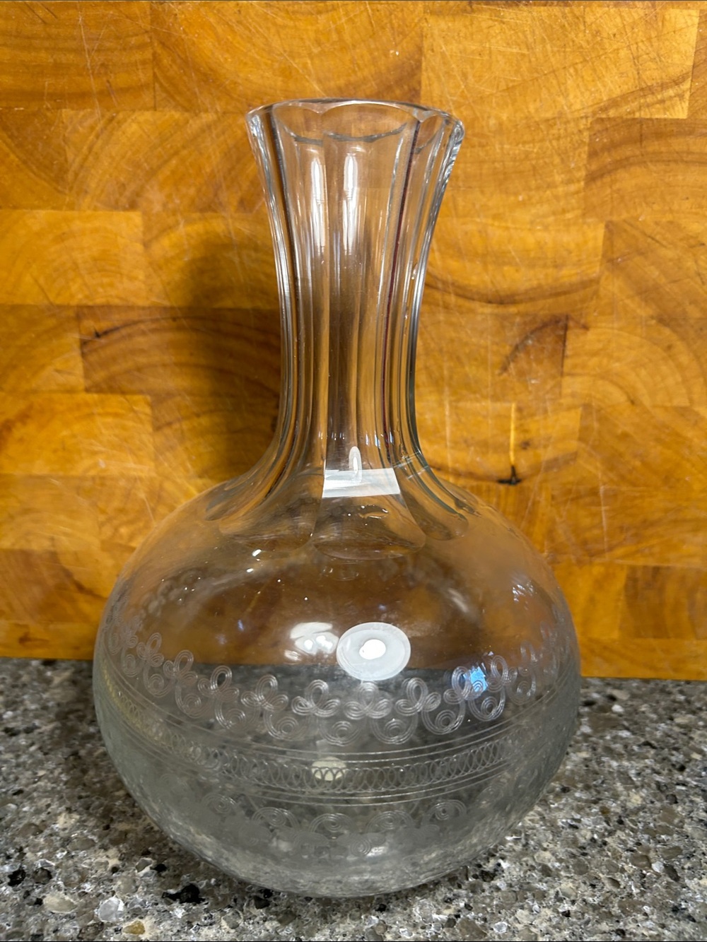 Handmade lead glass wine bottle with decorative etching
